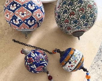Vintage Turkish Style Hand-Painted Ceramic Hanging Ornaments Set of 4 | Kutani Style Bohemian Chinoiserie Decor | Colorful Floral Baubles