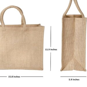 May include: Two natural jute tote bags. The larger bag measures 15.8 inches wide by 11.9 inches tall. The smaller bag measures 5.9 inches wide by 18.6 inches tall.