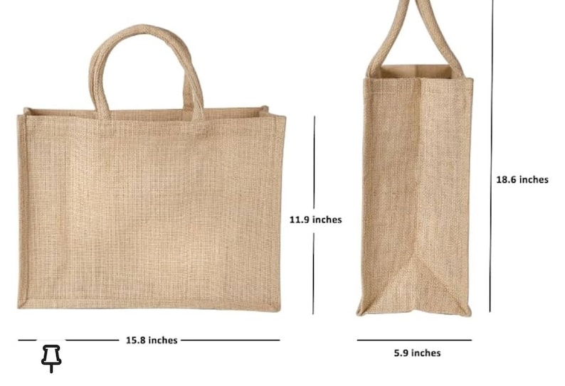 May include: Two natural jute tote bags. The larger bag measures 15.8 inches wide by 11.9 inches tall. The smaller bag measures 5.9 inches wide by 18.6 inches tall.