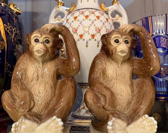 Takahashi Vintage  Monkey Bookends, Pair of Brown Ceramic Monkeys with Crackle Glaze, Decorative Library Shelf Decor 1970