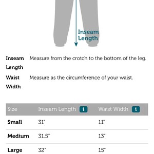 Puede incluir: Una tabla de tallas para pantalones que muestra las medidas de la longitud de la entrepierna y el ancho de la cintura en pulgadas. La tabla incluye tallas desde la S hasta la 3XL.