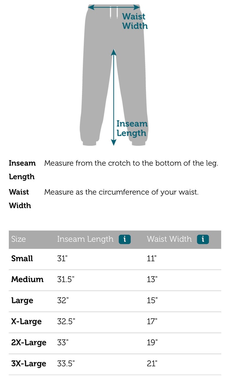 Puede incluir: Una tabla de tallas para pantalones que muestra las medidas de la longitud de la entrepierna y el ancho de la cintura en pulgadas. La tabla incluye tallas desde la S hasta la 3XL.
