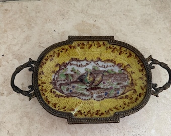 Wong Lee Yellow Porcelain Trinket Dish, Ornate Metal Handles, Bird Scene Jewelry Tray