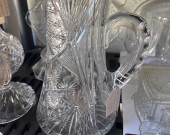 American Brilliant Cut Crystal Pitcher Perfect Vintage Hollywood regency Bar Fan and cross hatch pattern