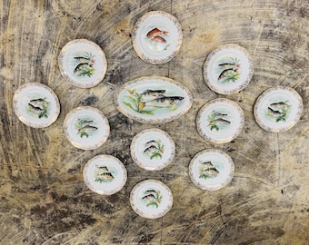 French Fish plates platter, gold edges F.D. Chauvigny Set of 12 antique fish plate set