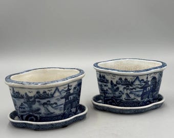 United Wilson JUWC Blue white planter with drip plate Staffordshire printed planter cache pot JUWC jardinare  2 available