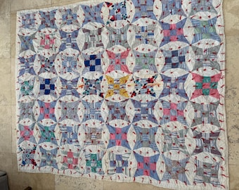 Vintage Nine Patch Quilt, Blue Pink Floral Scrappy, Red Yarn Tied (59.5 x 72 Inches)