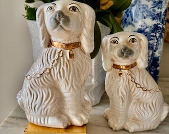 Staffordshire Dogs Pair Hand Painted White  and Gold Chinoserie Decorative Dogs