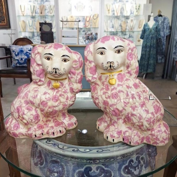 Pink Staffordshire Dogs Pair pink paisley Staffy Dogs Hand Painted Chinoserie Vintage Style Staffordshire Dogs