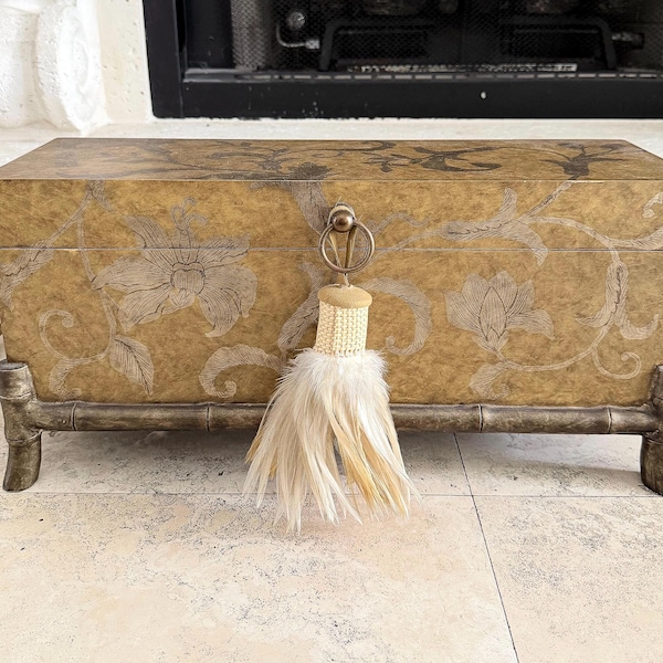 Vintage Chinoiserie Decorative Box on Stand | John Richard Style Faux Bamboo Base with Tassel | Hollywood Regency Storage Box | Palm Beach
