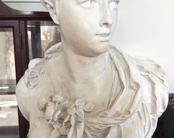 Large Female Bust After Carrier-Belleuse, Floral Woman Sculpture, Neoclassical Composite Statue, French Style Decor