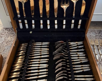 Mother of pearl vintage flatware 116 piece set with original wood case mother of pearl and gold flatware plus hostess pieces with case
