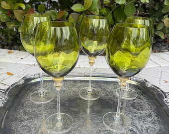 wine glasses hand blown green signed by artist with gold murano  style set of 5 artist glasss vintage