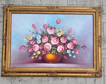 Floral oil on board gold frame signed Cox Gold gilded frame stunning piece