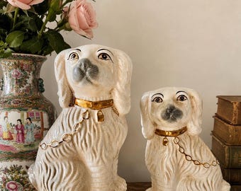 Staffordshire dogs pair Chinoserie Decorative  dogs  8 inch tall staffy white gold hand painted  Staffordshire dogs