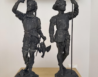 Antique Renaissance Revival Spelter Statues Pair | Grand Tour Figures with Falcon & Racket | 19th Century Style European Figurines