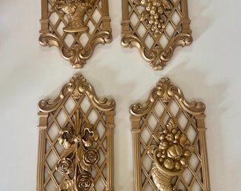 Set of 4 Syroco Gold Wall Plaques Floral and Fruit Motif Hollywood Regency vintage 1970