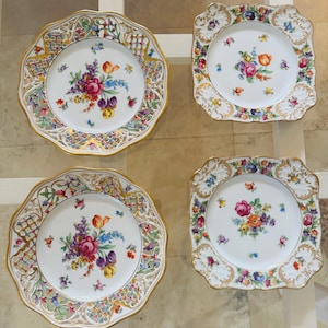 Royal Dresden Flowers Plates Bavaria  Schumann Royal Dresdener Plates  luncheon Square Plates and Salad Reticulated Plates Royal Empress