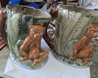 Majolica monkey pitcher Hollywood regency planter pitcher vintage monkey