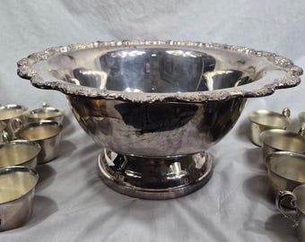 Silver punch bowl and cups silver plate punch bowl serving piece with matching cups wedding silver party service vintage silver plate