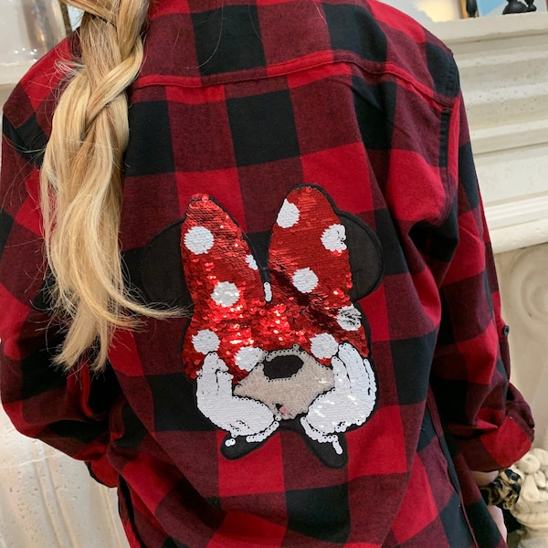 Minnie Mouse Buffalo Plaid Flannel Shirt Minnie Bow Shirt, Minnie Mouse Long Sleeve Disney Trip shirt