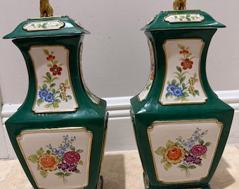 Pair of Green Chelsea House Lidded Vases, Floral Port Royal Urns (14" High)