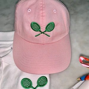 Tennis Hat, Embroidered Tennis Hat , Pink Tennis Court Hat , White Tennis Hat with green racquets