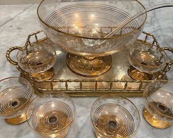 vintage glass gold edged punch bowl with ladle and 6 cups