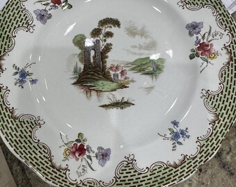 Copeland Spode Antique Plate c 1835 green lattice border Hand Painted Regency Landscape Antique Spode