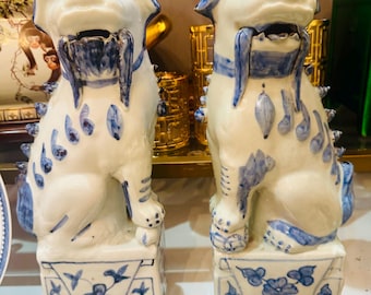 Par de perros Foo, perros decorativos chinos antiguos, conjunto raro de perros Foo chinos, perros Foo turquesa
