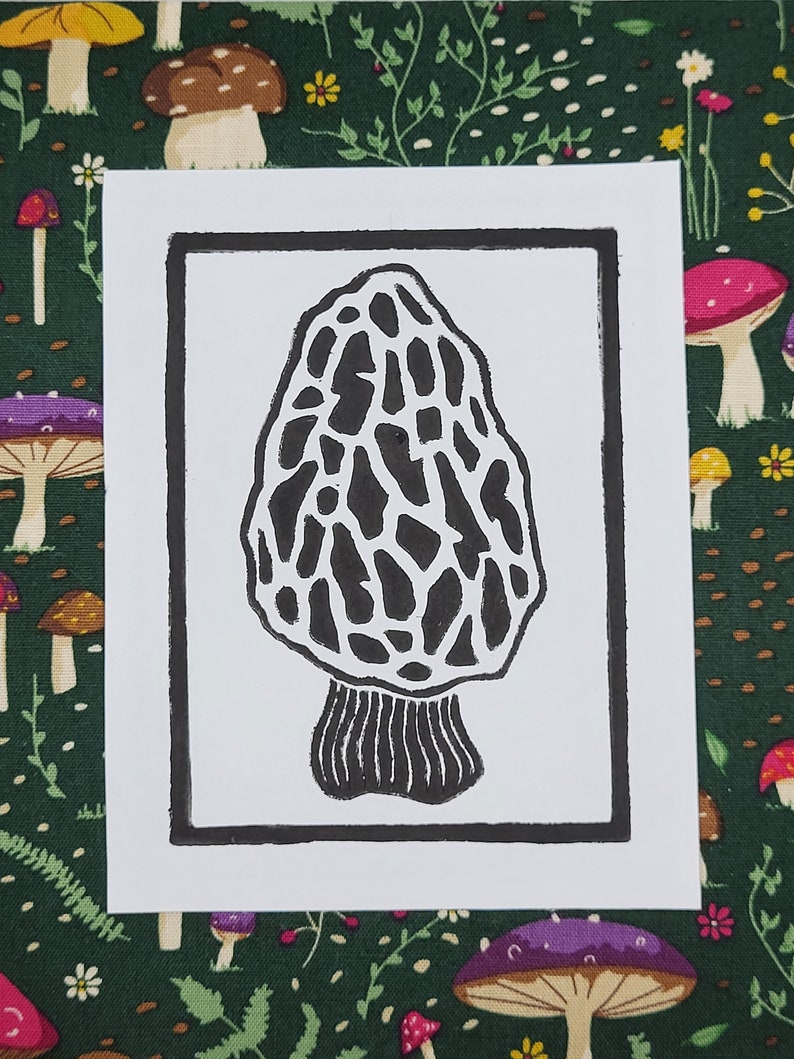 Morel Mushroom Lino Print Funky Fungi Collection 4x5 Lino Print image 3