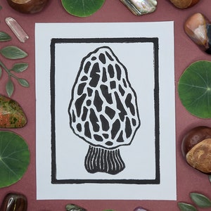 Morel Mushroom Lino Print Funky Fungi Collection 4x5 Lino Print image 1