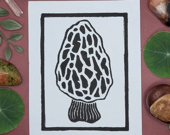 Morel Mushroom Lino Print | Funky Fungi Collection | 4x5 Lino Print