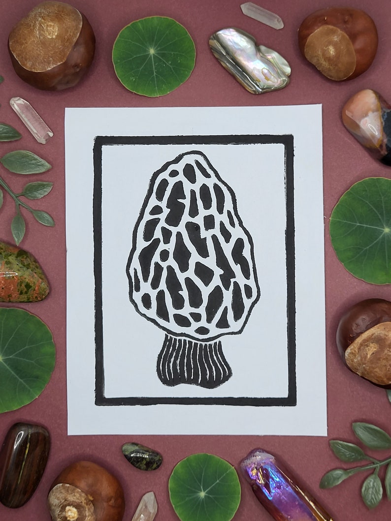 Morel Mushroom Lino Print Funky Fungi Collection 4x5 Lino Print image 1