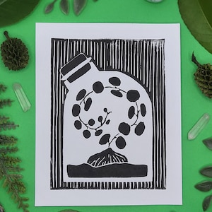 Endless Spiral Plant Lino Print Witch's Apothecary Collection 4x5 Lino Print image 1