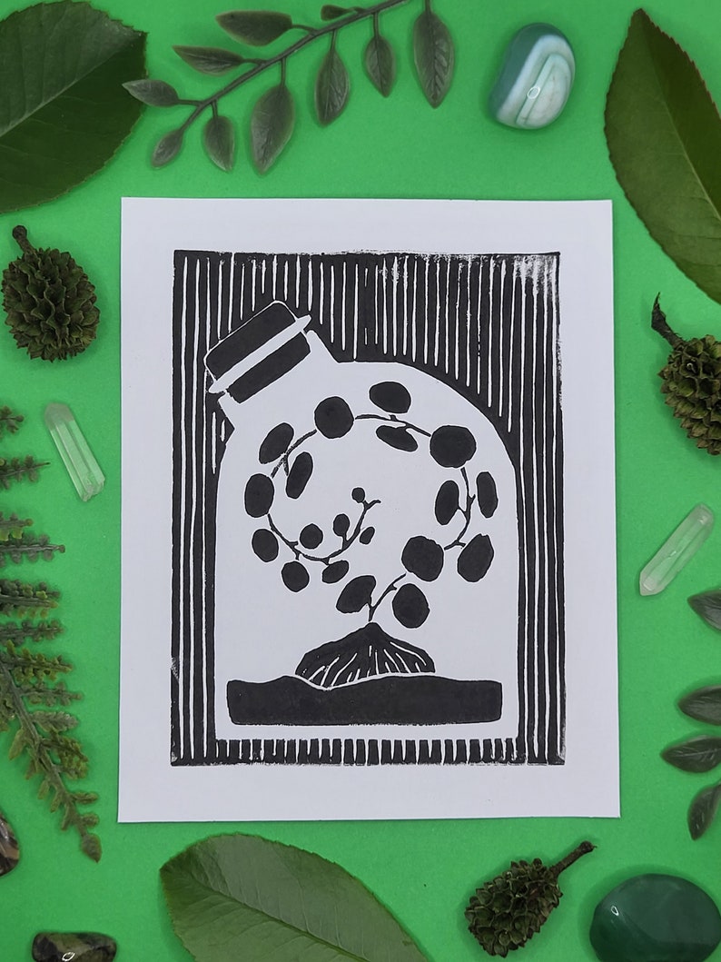 Endless Spiral Plant Lino Print Witch's Apothecary Collection 4x5 Lino Print image 1