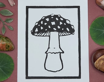 Fly Agaric Toadstool Lino Print | Funky Fungi Collection | 4x5 Lino Print