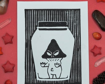 Captured Shroomling Lino Print | Witch's Apothecary Collection | 4x5 Lino Print