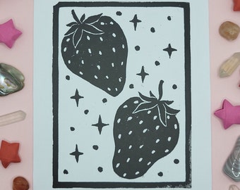 Sparkling Strawberries Lino Print | Fruity Collection | 4x5 Lino Print