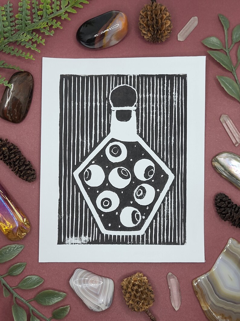 Watchful Eyes Lino Print Witch's Apothecary Collection 4x5 Lino Print image 1