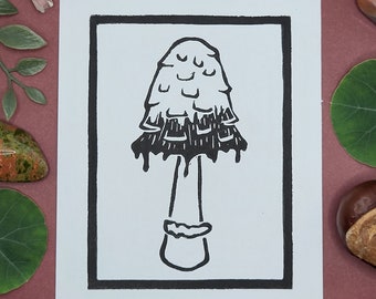 Shaggy Inkcap Mushroom Lino Print | Funky Fungi Collection | 4x5 Lino Print