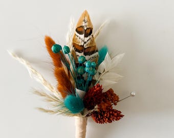 Terracotta + Turquoise Teal Pheasant Feather Boutonniere/ Wedding Flowers/ Groom and Groomsmen/ Dried Flowers