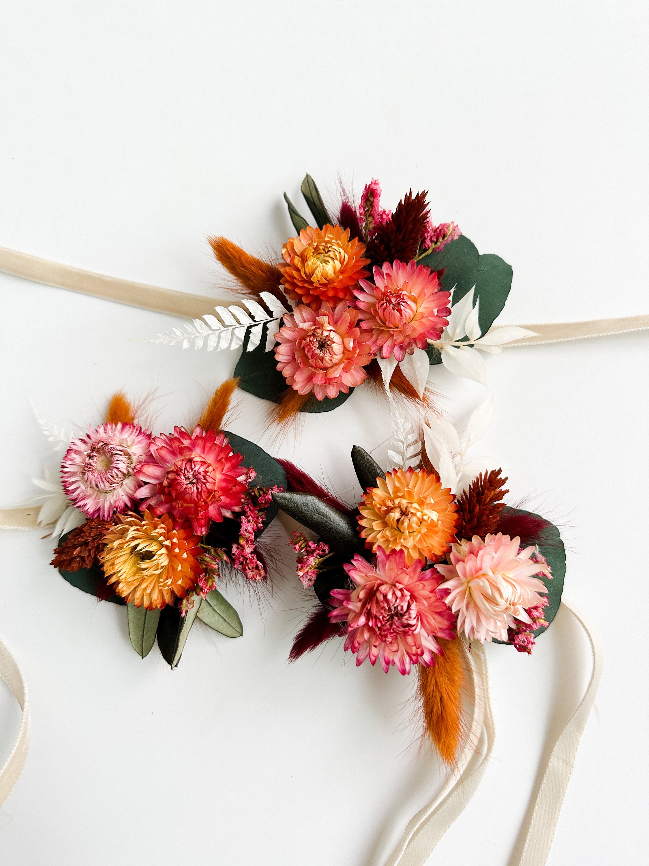 Pink + Orange Strawflower Corsage/ Wedding Flowers/ Dried Flowers