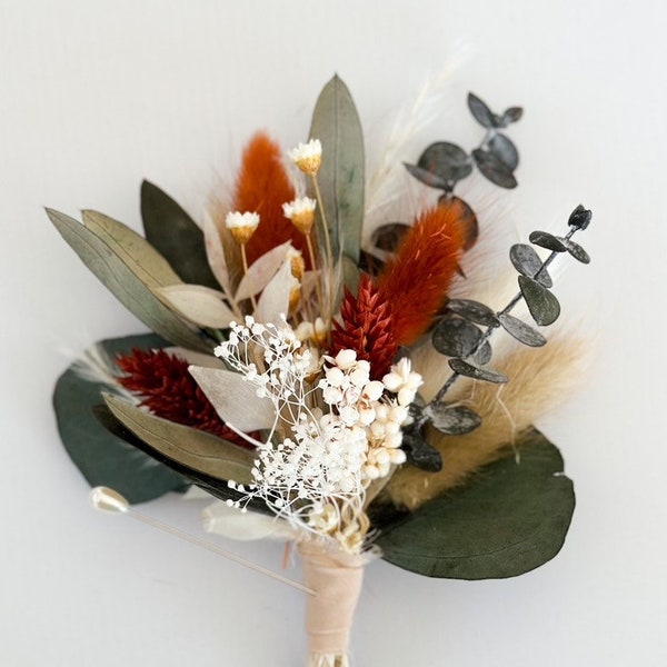 Olive + Terracotta Dried Flower Boutonniere/ Wedding Flowers/ Groom and Groomsmen/ Dried Flowers