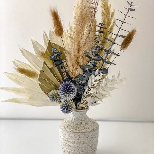 Dusty Blue Pampas Grass and Palm Bud Vase