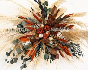 Rust, Terracotta, Greenery Pheasant Feathers Pampas Grass Arch Wall Decor, Backdrop, Dried Flowers, Arbor