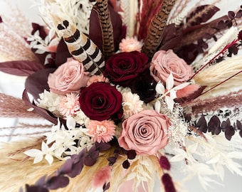 Dusty Rose, Blush + Burgundy Pampas Grass Bouquet/ Bride and Bridesmaids/ Dried Flower Bouquet/ Wedding Flowers