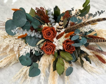 Rust + Eucalyptus Pheasant Feather Sweetheart Table Centerpiece