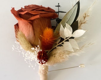 Rust rose, terracotta + greenery Boutonniere/ Wedding Flowers/ Groom and Groomsmen/ Dried Flowers
