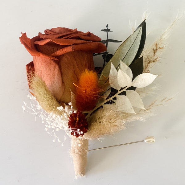 Rust rose, terracotta + greenery Boutonniere/ Wedding Flowers/ Groom and Groomsmen/ Dried Flowers